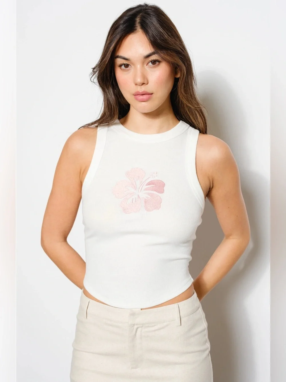 Embroidered Hibiscus Flower Ribbed Tank Top - Pretty Garbage - Picture 2 of 6